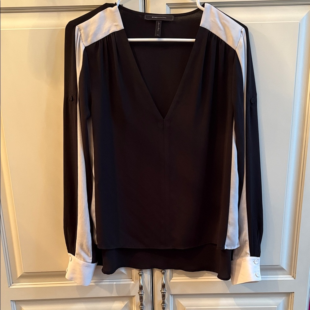 BCBG Black Blouse with White Accents
